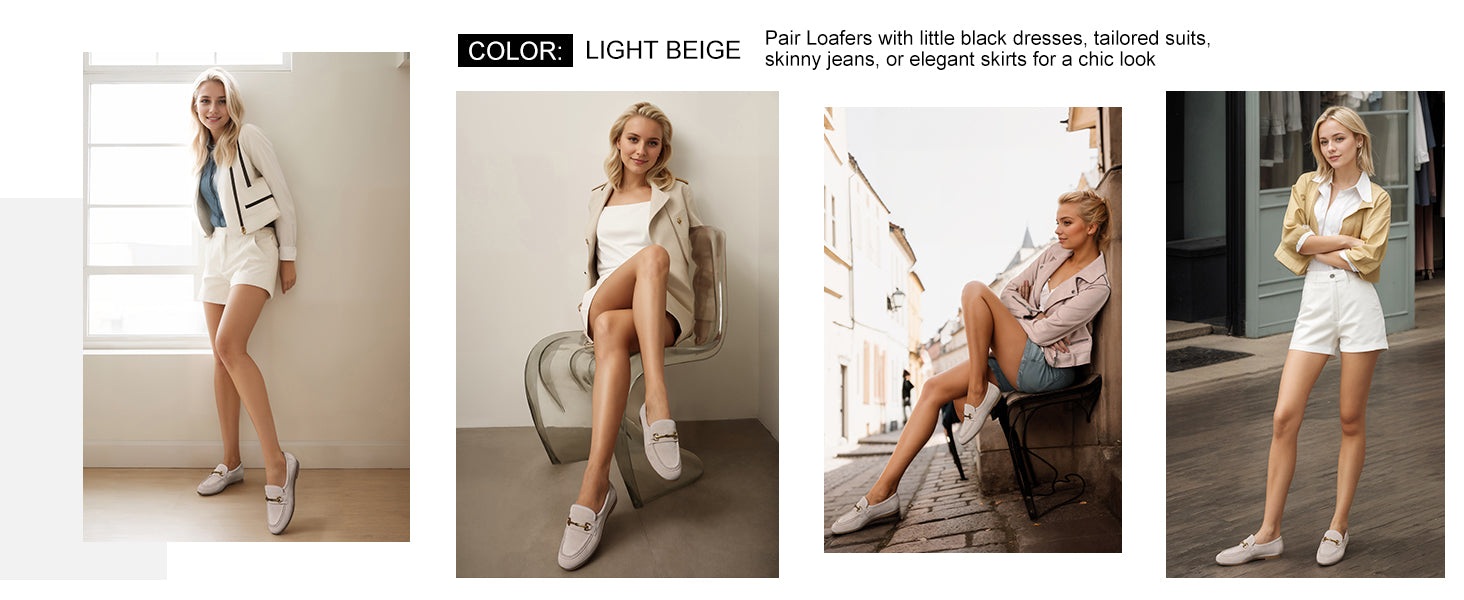 AiciBerllucci COCO9 Women's Leather Loafer,Casual Loafers Shoes, Slip on Loafers Shoes for Women,Soft Comfort Flat Loafer Shoes for Ladies Light Beige