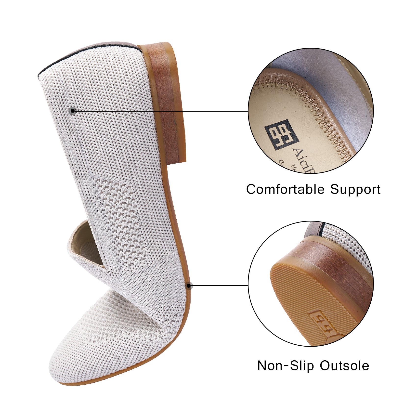 AiciBerllucci Silver Knit &Calfskin Leather Upper&Cow Leather Lining-Aina- Women Knit Flat Shoes,Comfort Loafers Penny Moccasins-Slip-on Shoes- Knit Driving Loafers -Round Toe Walking Fashion