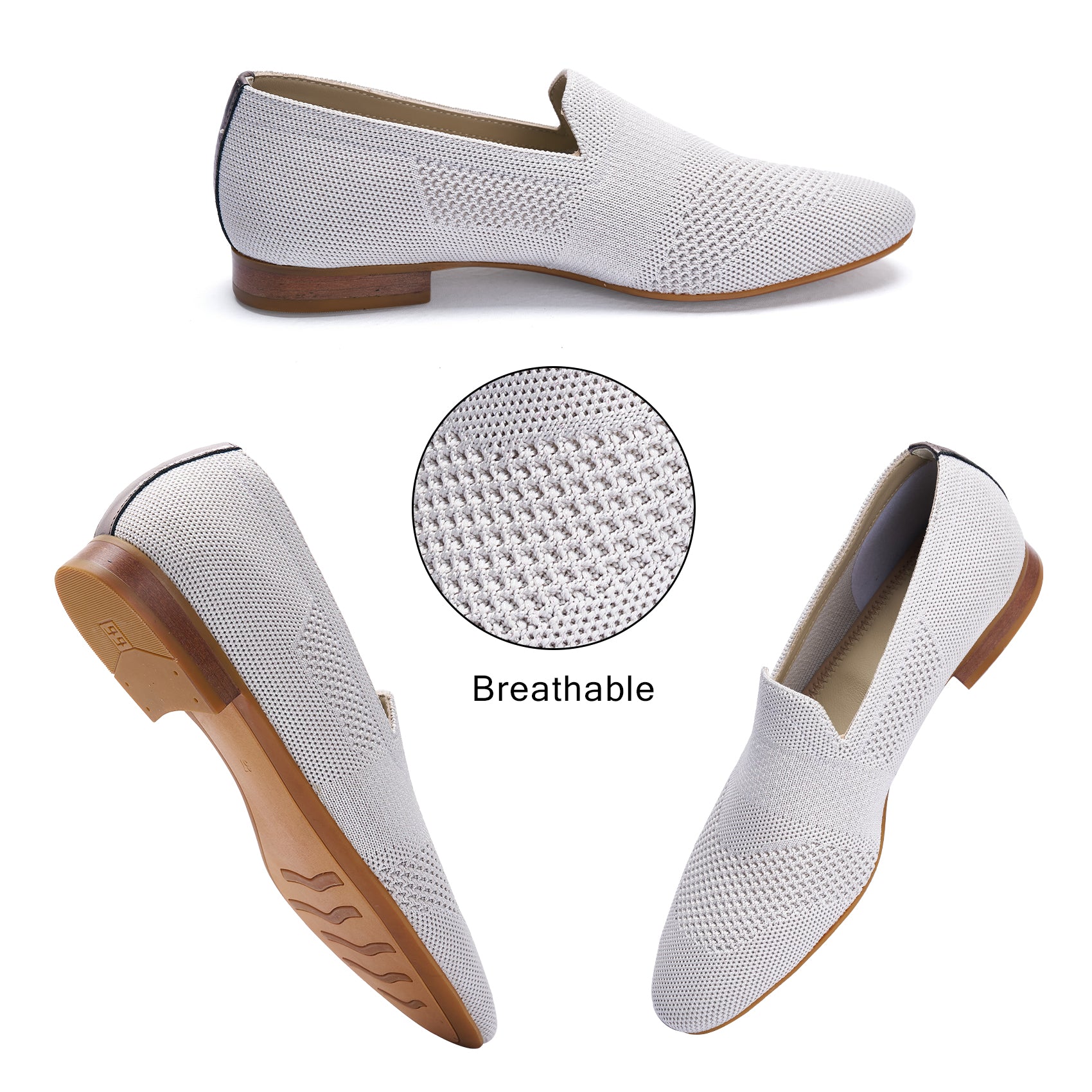 AiciBerllucci Silver Knit &Calfskin Leather Upper&Cow Leather Lining-Aina- Women Knit Flat Shoes,Comfort Loafers Penny Moccasins-Slip-on Shoes- Knit Driving Loafers -Round Toe Walking Fashion