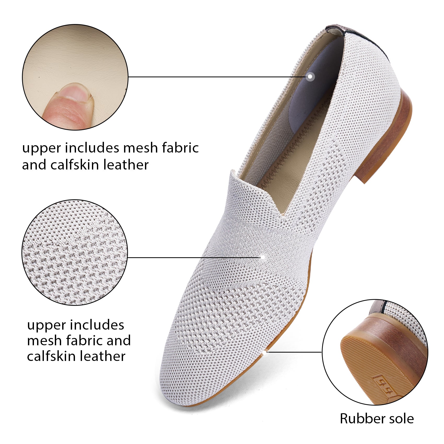 AiciBerllucci Silver Knit &Calfskin Leather Upper&Cow Leather Lining-Aina- Women Knit Flat Shoes,Comfort Loafers Penny Moccasins-Slip-on Shoes- Knit Driving Loafers -Round Toe Walking Fashion