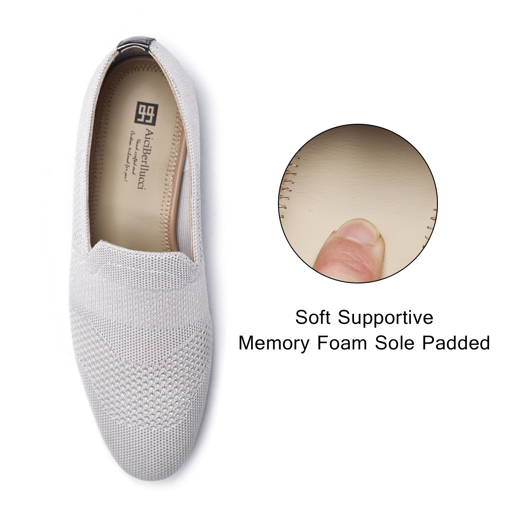 AiciBerllucci Silver Knit &Calfskin Leather Upper&Cow Leather Lining-Aina- Women Knit Flat Shoes,Comfort Loafers Penny Moccasins-Slip-on Shoes- Knit Driving Loafers -Round Toe Walking Fashion
