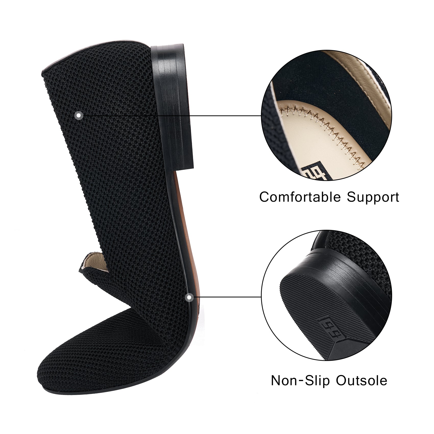 AiciBerllucci Black Knit &Calfskin Leather Upper&Cow Leather Lining-Aina- Women Knit Flat Shoes,Comfort Loafers Penny Moccasins-Slip-on Shoes- Knit Driving Loafers -Round Toe Walking Fashion