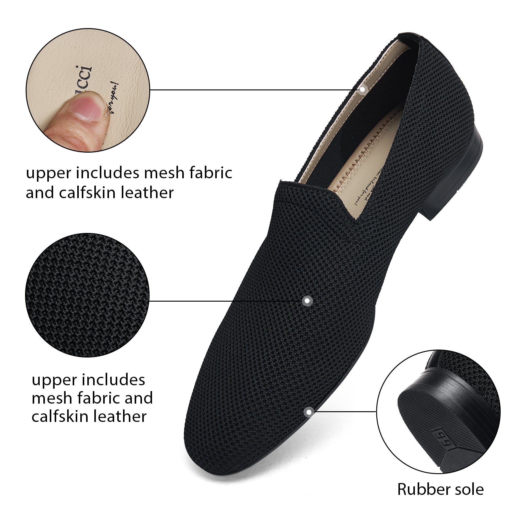 AiciBerllucci Black Knit &Calfskin Leather Upper&Cow Leather Lining-Aina- Women Knit Flat Shoes,Comfort Loafers Penny Moccasins-Slip-on Shoes- Knit Driving Loafers -Round Toe Walking Fashion