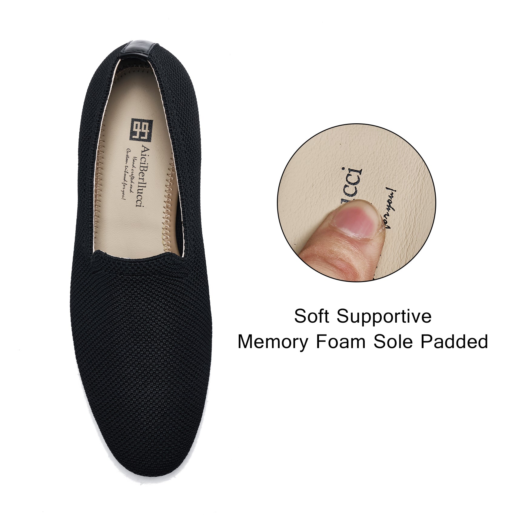 AiciBerllucci Black Knit &Calfskin Leather Upper&Cow Leather Lining-Aina- Women Knit Flat Shoes,Comfort Loafers Penny Moccasins-Slip-on Shoes- Knit Driving Loafers -Round Toe Walking Fashion