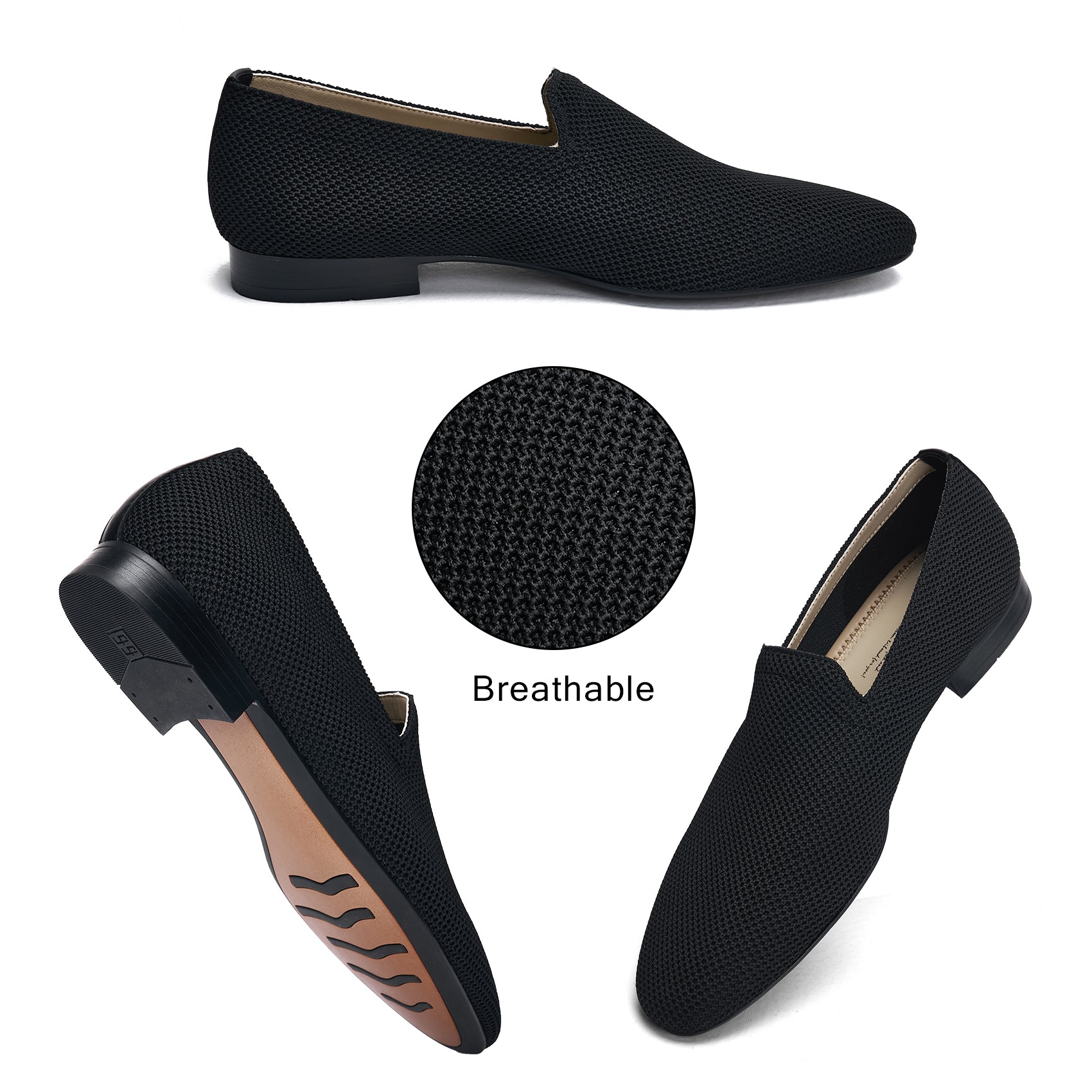 AiciBerllucci Black Knit &Calfskin Leather Upper&Cow Leather Lining-Aina- Women Knit Flat Shoes,Comfort Loafers Penny Moccasins-Slip-on Shoes- Knit Driving Loafers -Round Toe Walking Fashion