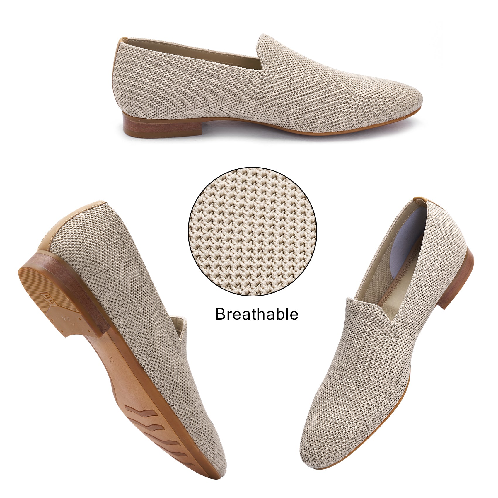 AiciBerllucci Apricot Knit &Calfskin Leather Upper&Cow Leather Lining-Aina- Women Knit Flat Shoes,Comfort Loafers Penny Moccasins-Slip-on Shoes- Knit Driving Loafers -Round Toe Walking Fashion