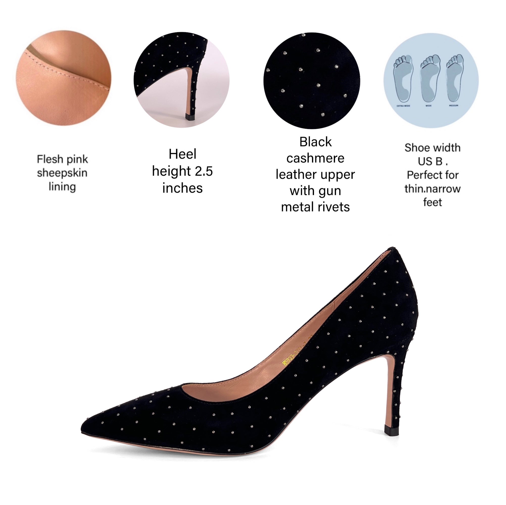 INCI MEG Women's Genuine Black cashmereleather upper with gun metal rivets Pump Shoes - 2.5-Inch Mid-Heel Dress Pumps, Classic Comfortable Court Shoes for Formal & Casual Wear