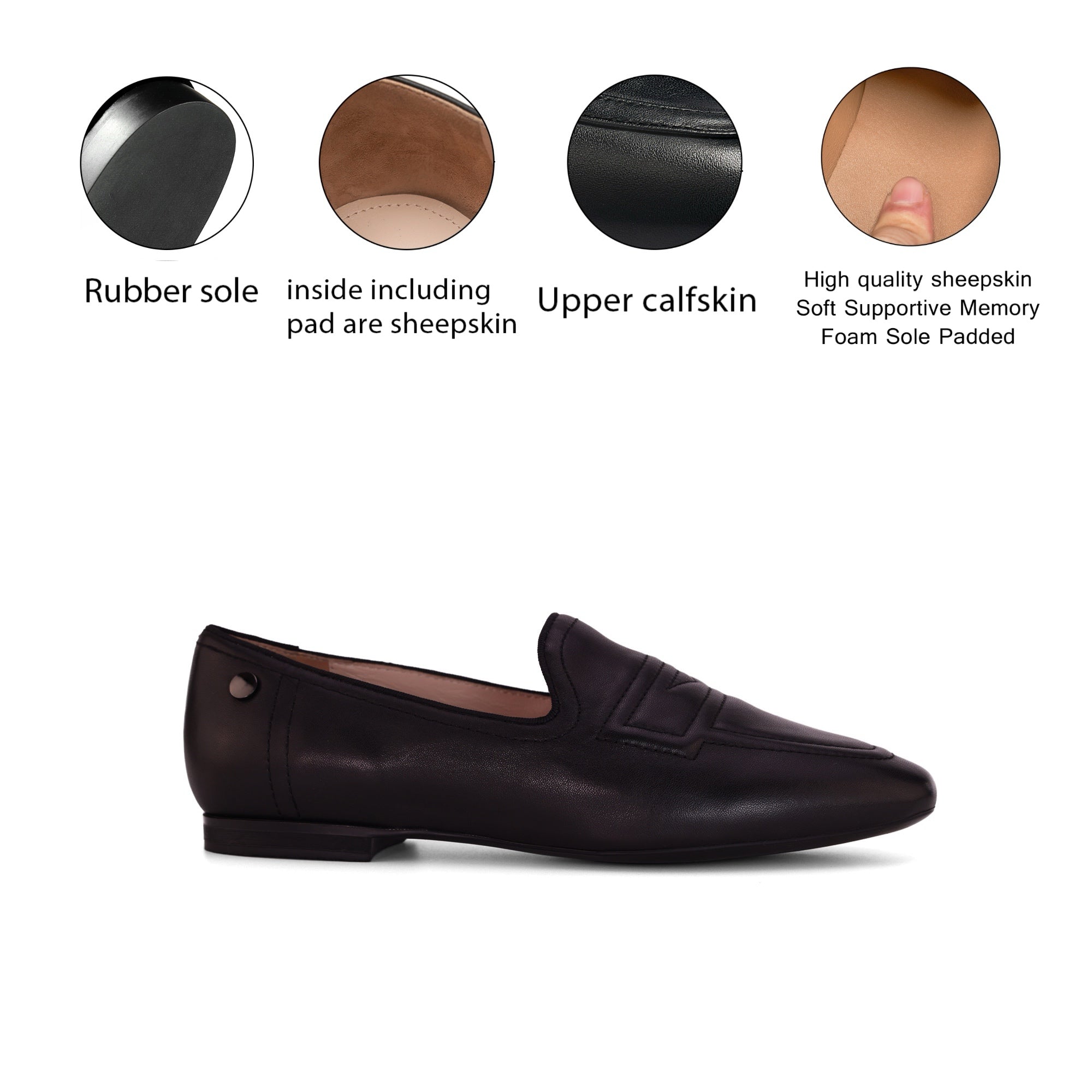INCI  Black Sheepskin leather & Sheepskin lining- RUE-Women's Leather Loafer- Sleek Loafers Slip on Shoes-Casual Flat Shoes