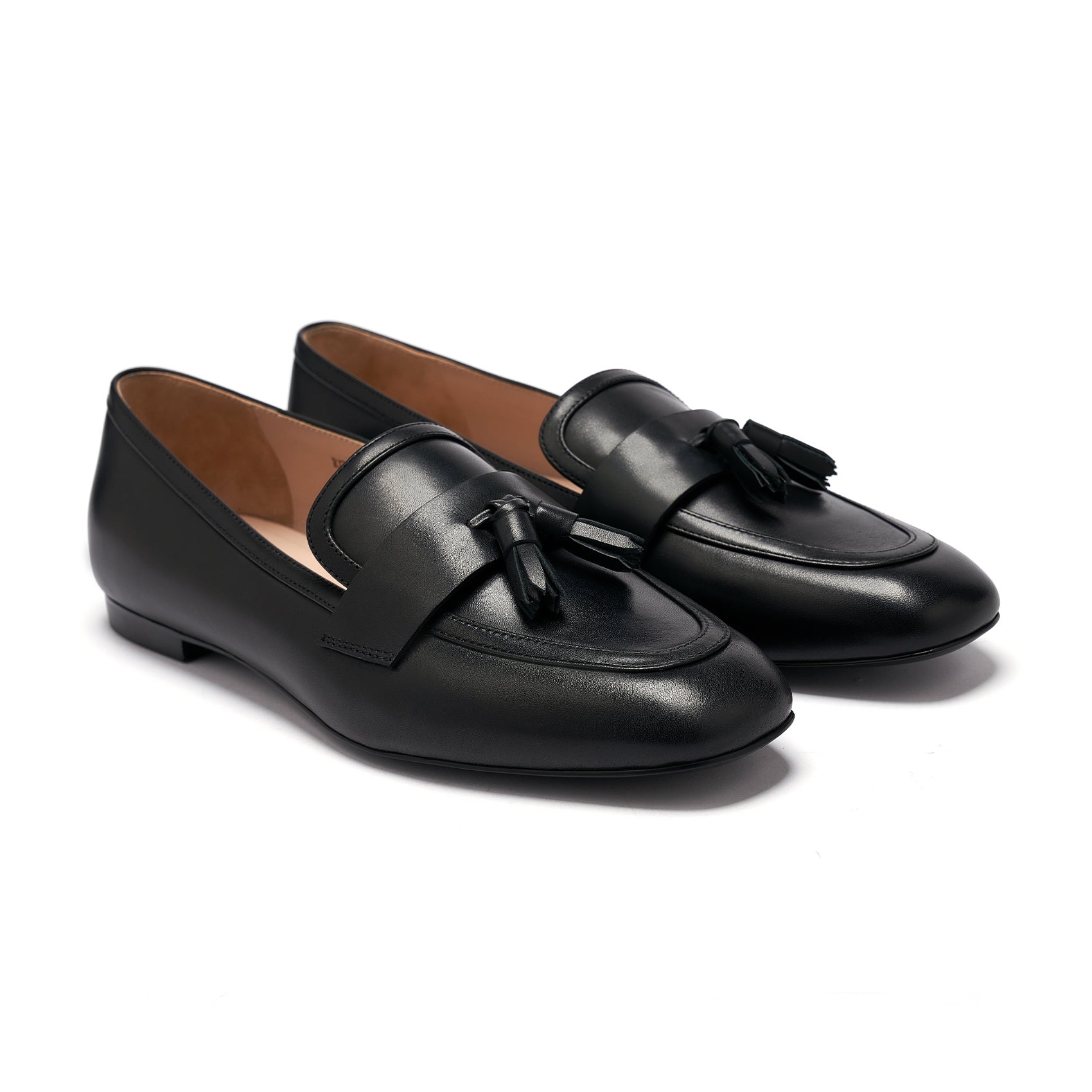 AiciBerllucci Women's Loafer Shoes Casual Black Calfskin Leather Flat Shoes for Women Ladies Tassel