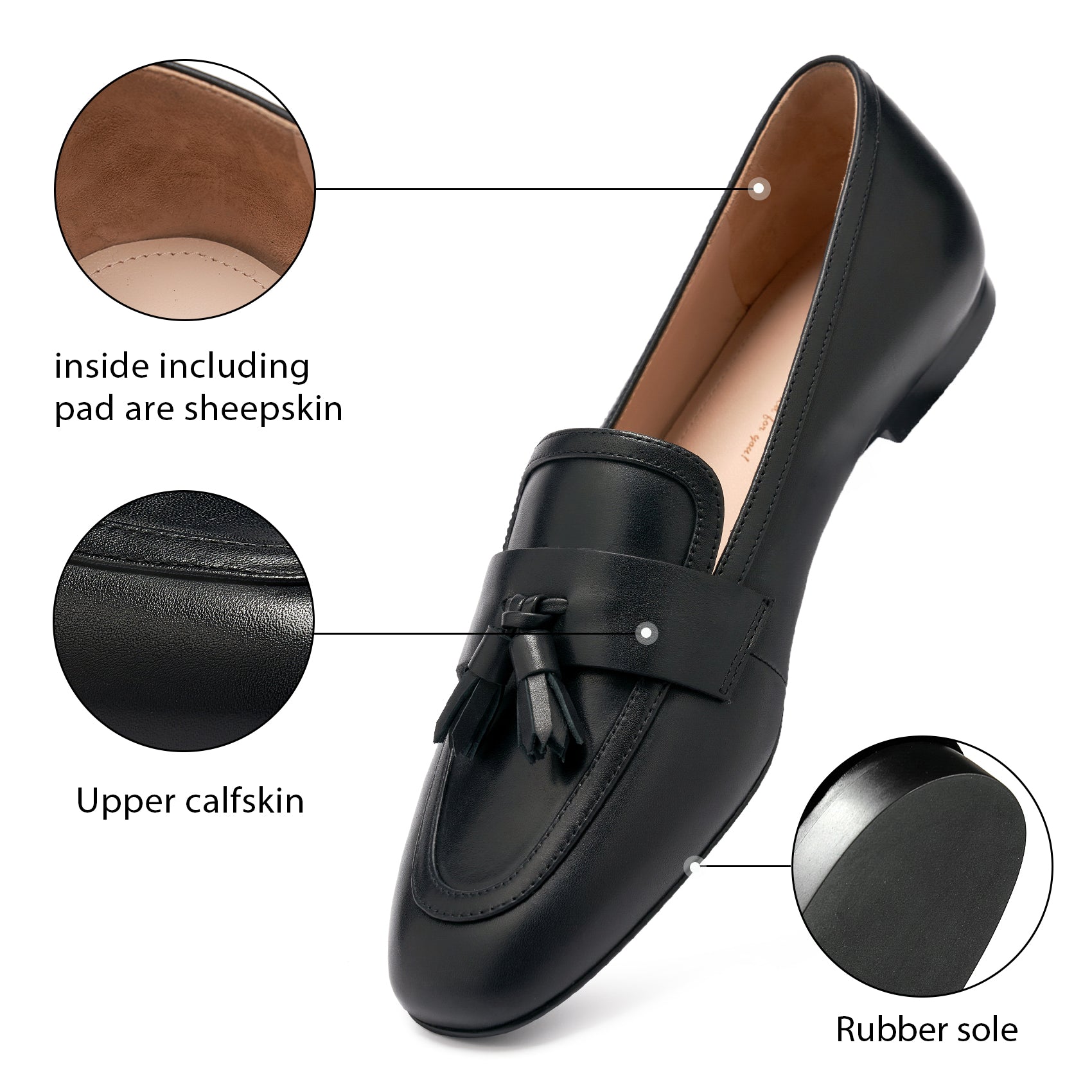 AiciBerllucci Women's Loafer Shoes Casual Black Calfskin Leather Flat Shoes for Women Ladies Tassel