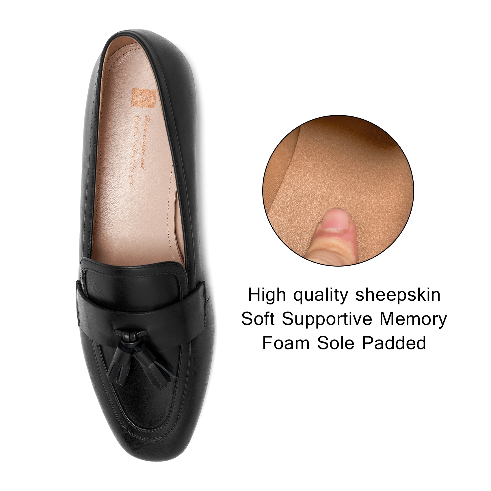 AiciBerllucci Women's Loafer Shoes Casual Black Calfskin Leather Flat Shoes for Women Ladies Tassel