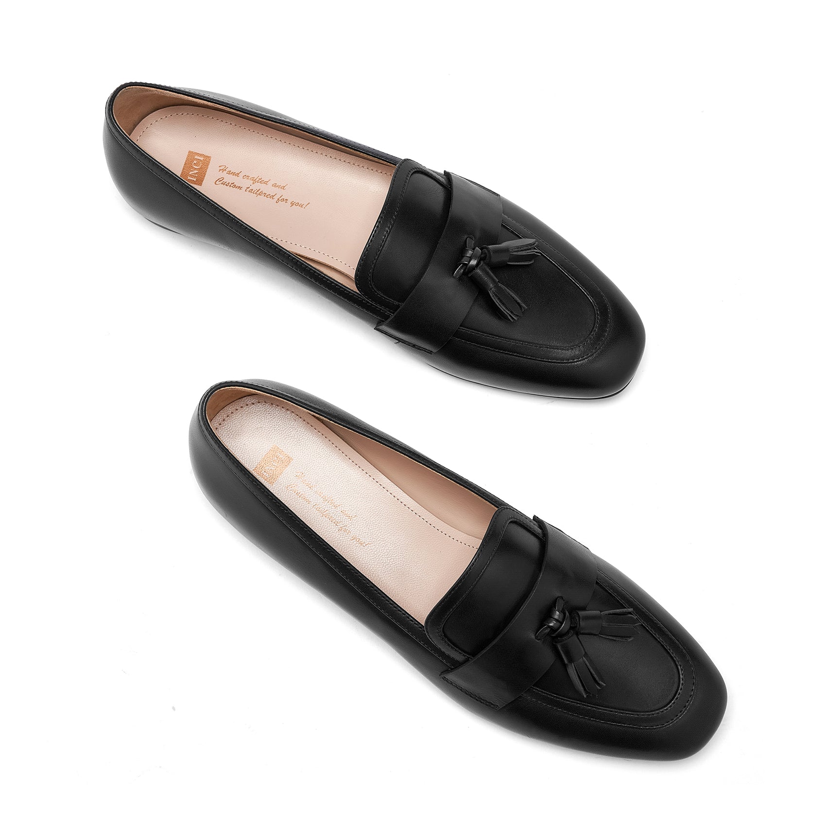 AiciBerllucci Women's Loafer Shoes Casual Black Calfskin Leather Flat Shoes for Women Ladies Tassel
