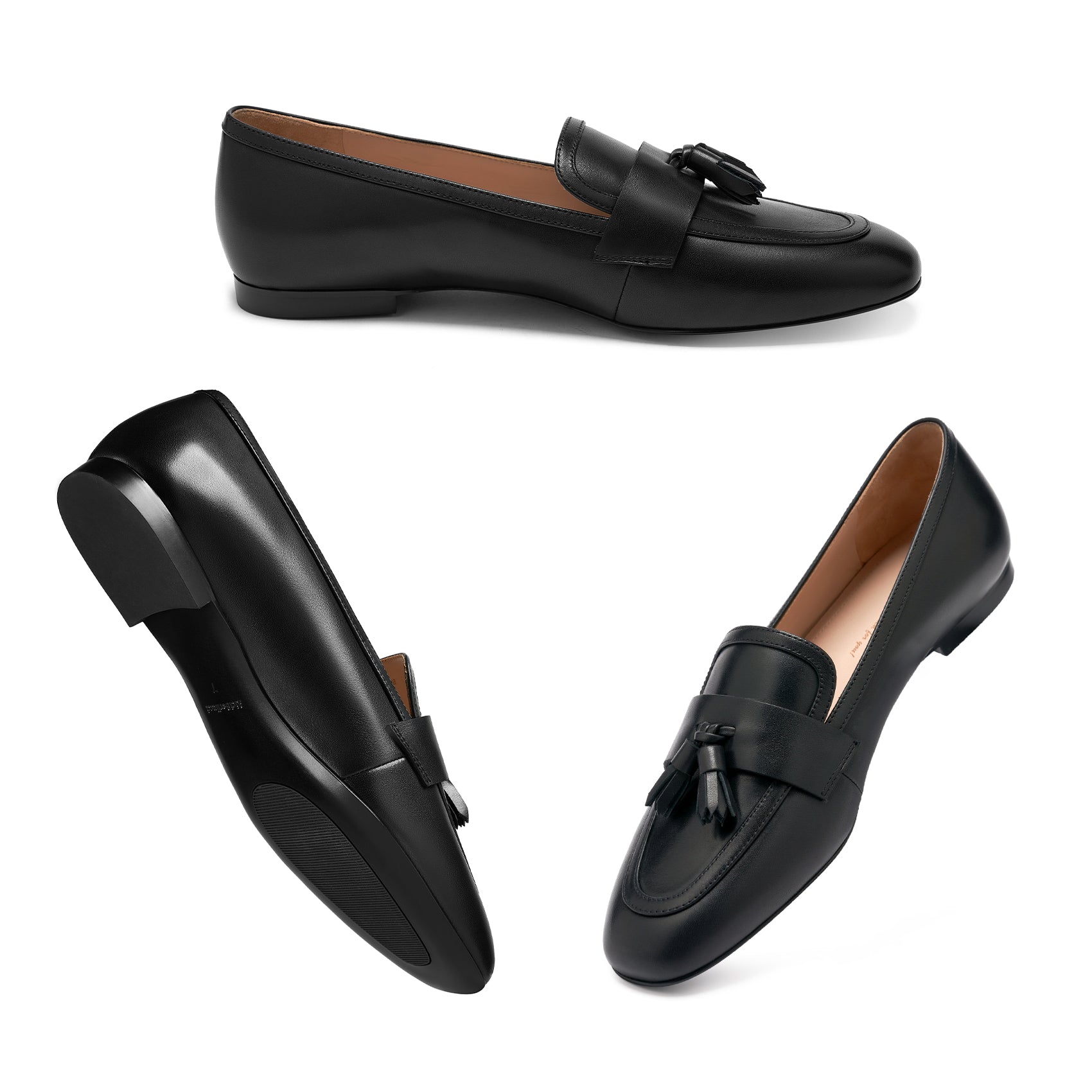 AiciBerllucci Women's Loafer Shoes Casual Black Calfskin Leather Flat Shoes for Women Ladies Tassel