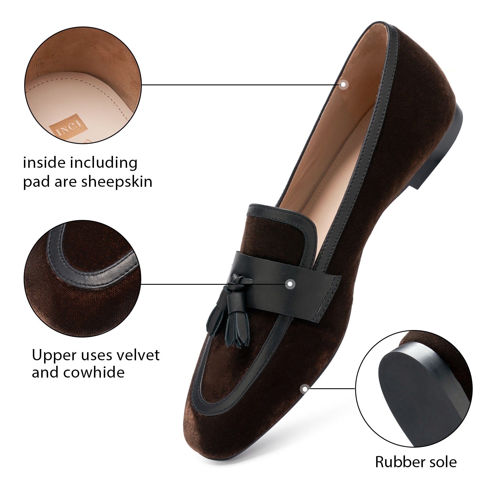 AiciBerllucci  Women's Loafer Shoes Casual Dark Coffee Velvet Flat Shoes for Women Ladies Tassel