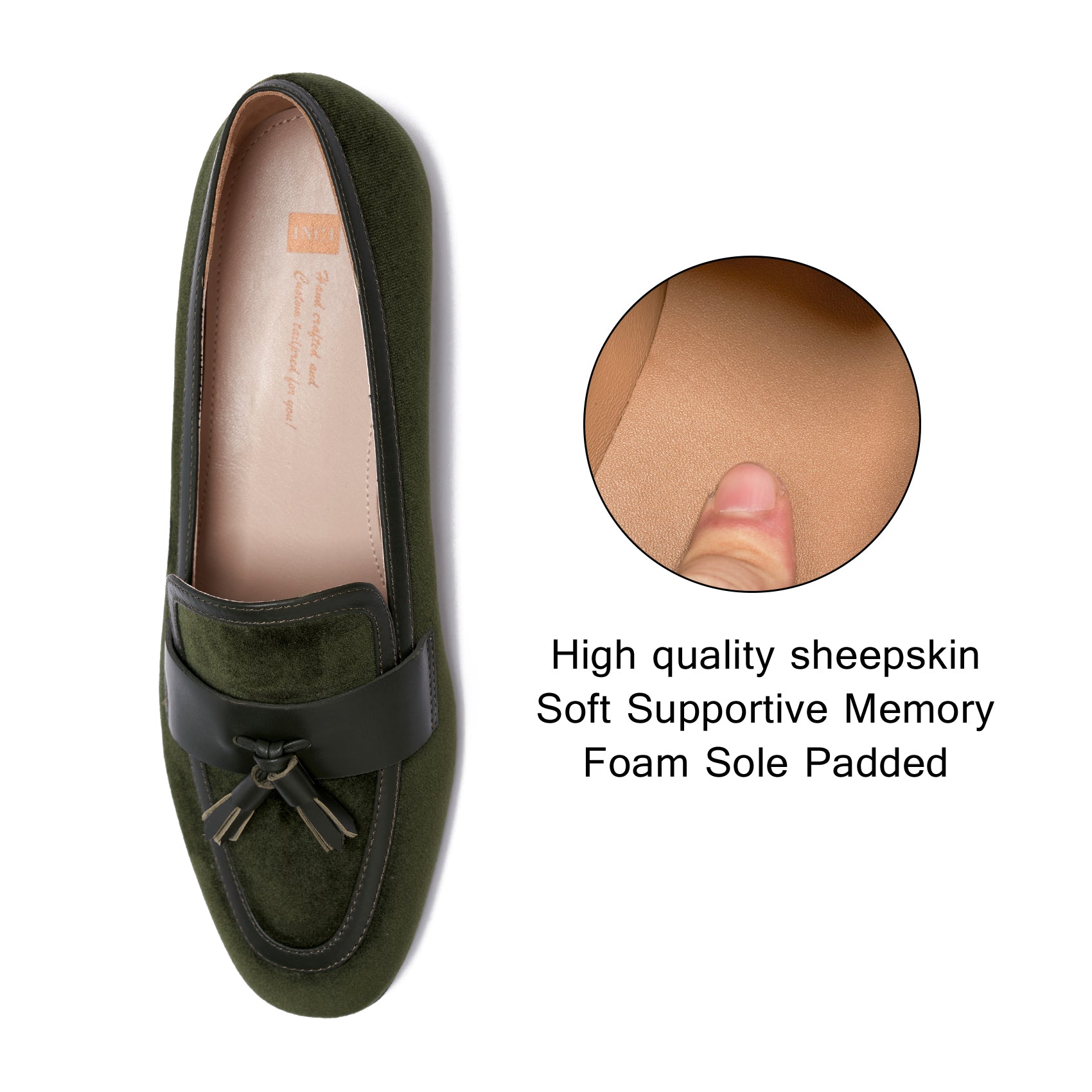 AiciBerllucci  Women's Loafer Shoes Casual   Dark Green  Velvet Flat Shoes for Women Ladies Tassel