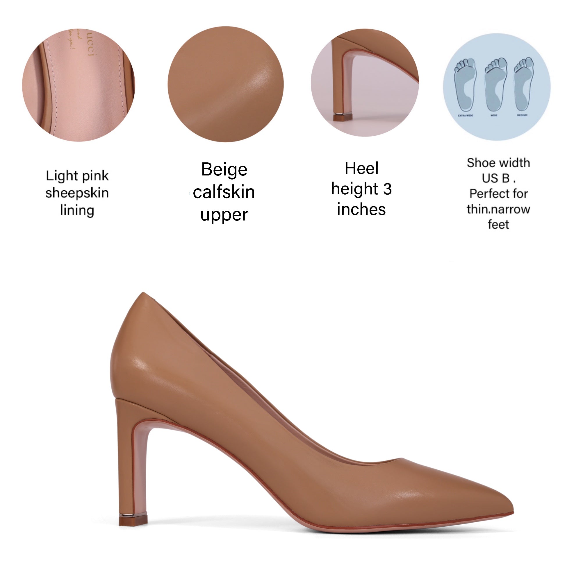 AiciBerllucci Beige Calfskin Leather& Sheepskin lining-Bella-Women’s High Heels Leather Pumps-Bella1 - 3 inch Heels-Office Business Heels- Closed  Pointed  Toe  Comfortabl Heels