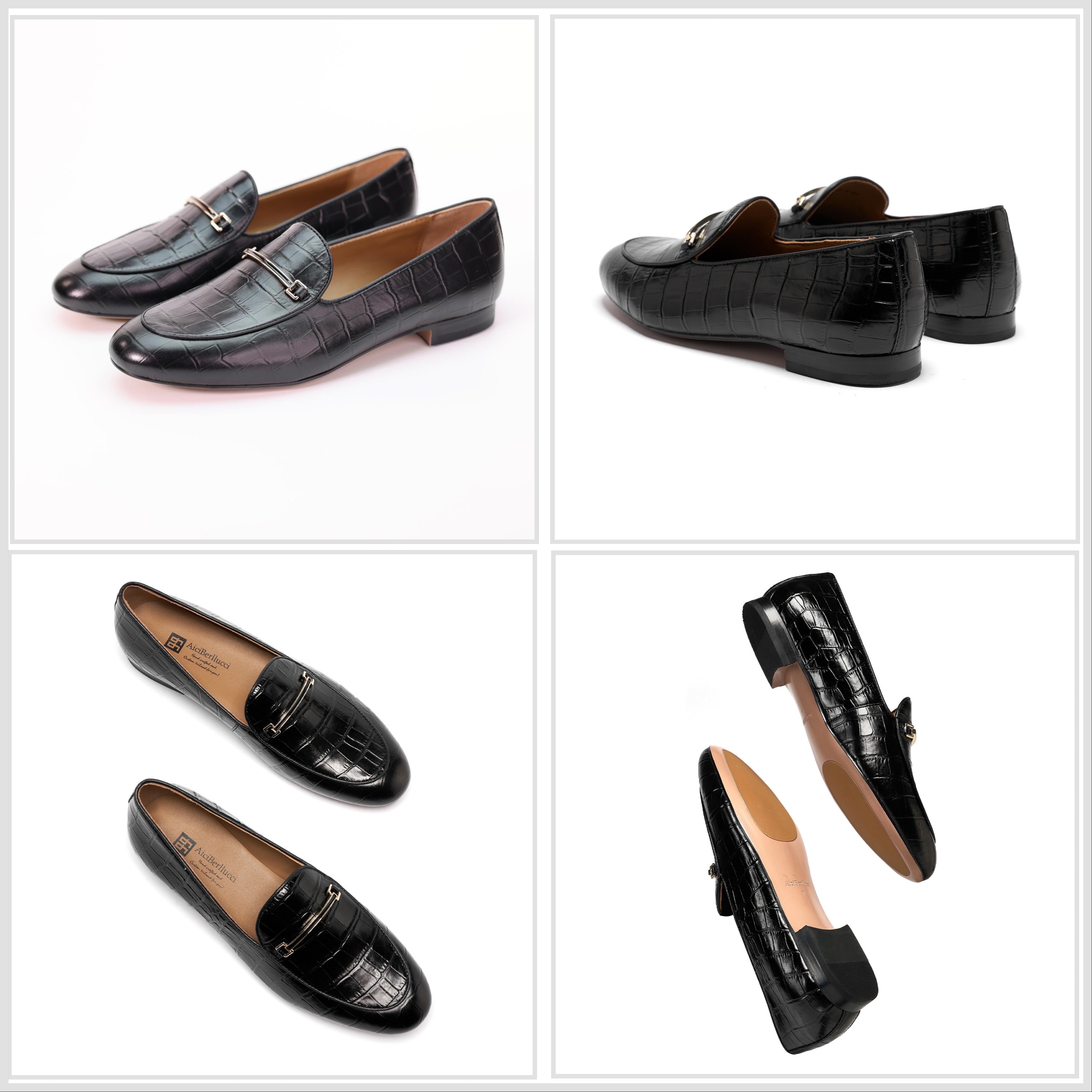 AiciBerllucci-Prime-Black Crocodile Embossed Leather  Women's Loafers & Slip-Ons Comfortable Wide Loafers for Women Casual Women's Flats Driving Shoes