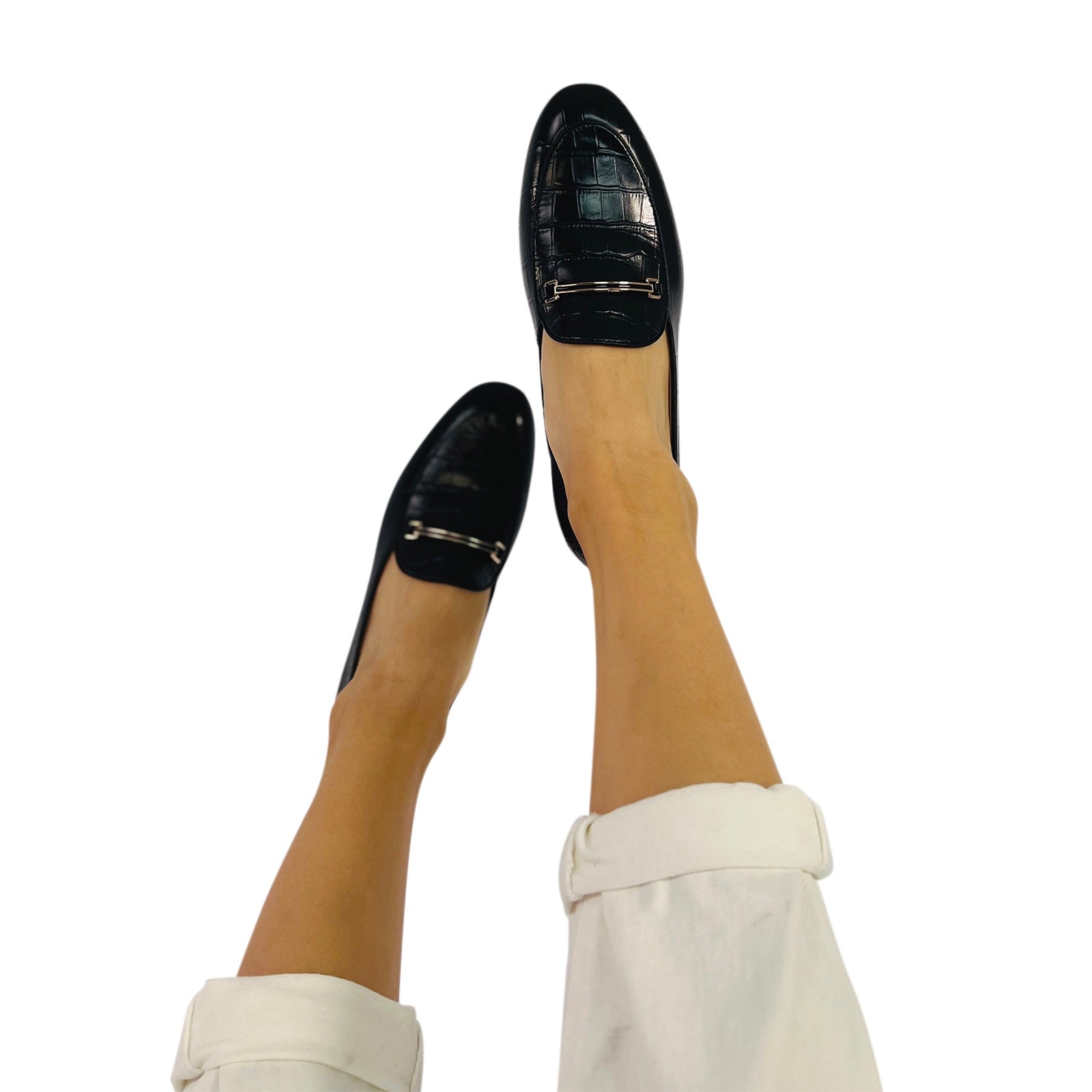 AiciBerllucci-Prime-Black Crocodile Embossed Leather  Women's Loafers & Slip-Ons Comfortable Wide Loafers for Women Casual Women's Flats Driving Shoes