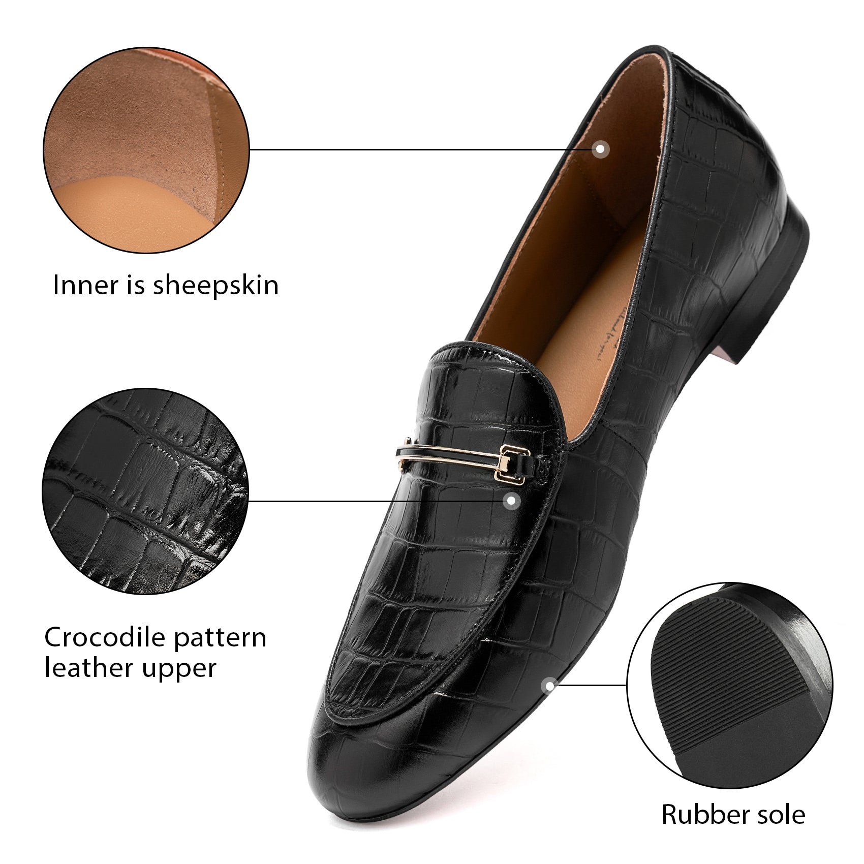 AiciBerllucci-Prime-Black Crocodile Embossed Leather  Women's Loafers & Slip-Ons Comfortable Wide Loafers for Women Casual Women's Flats Driving Shoes