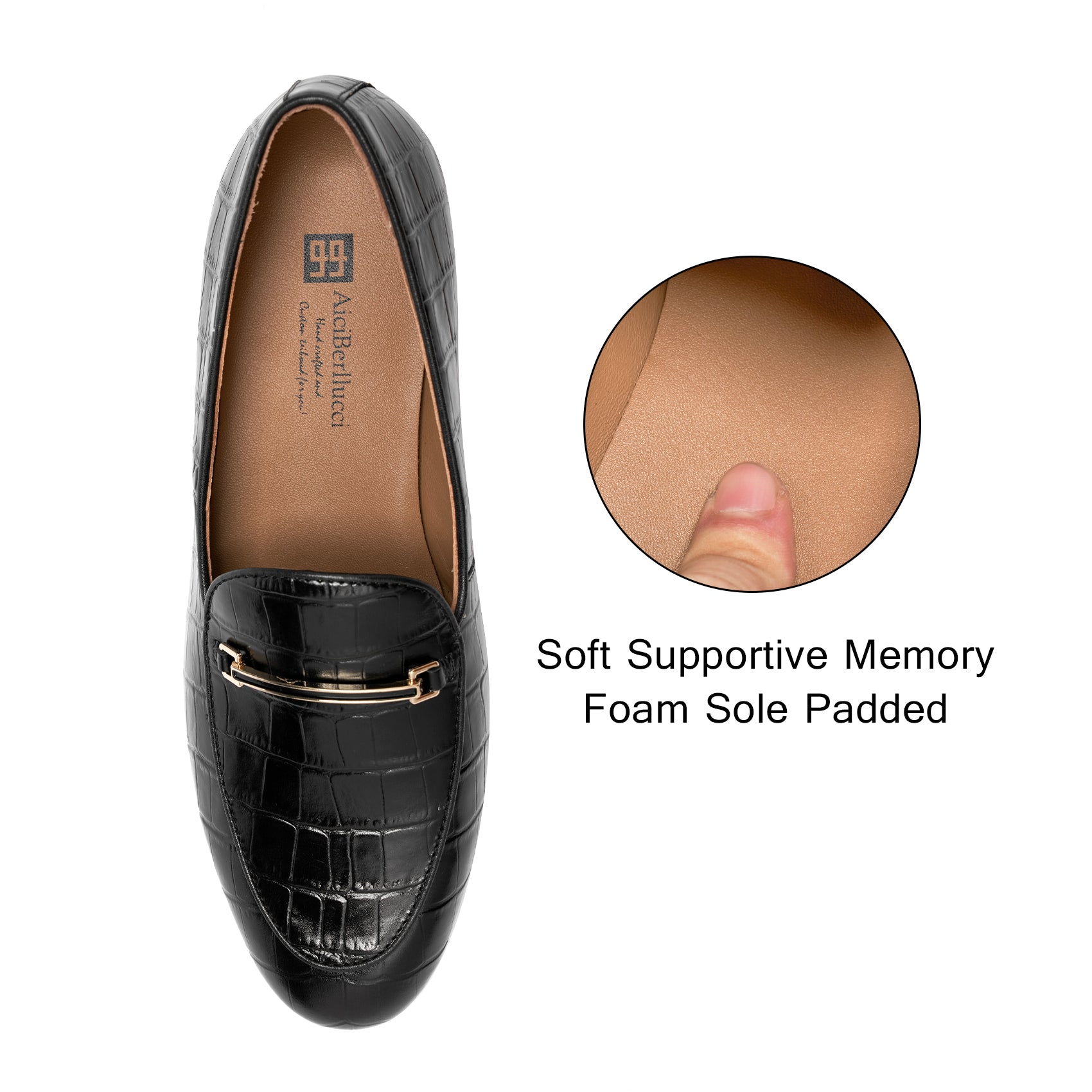 AiciBerllucci-Prime-Black Crocodile Embossed Leather  Women's Loafers & Slip-Ons Comfortable Wide Loafers for Women Casual Women's Flats Driving Shoes