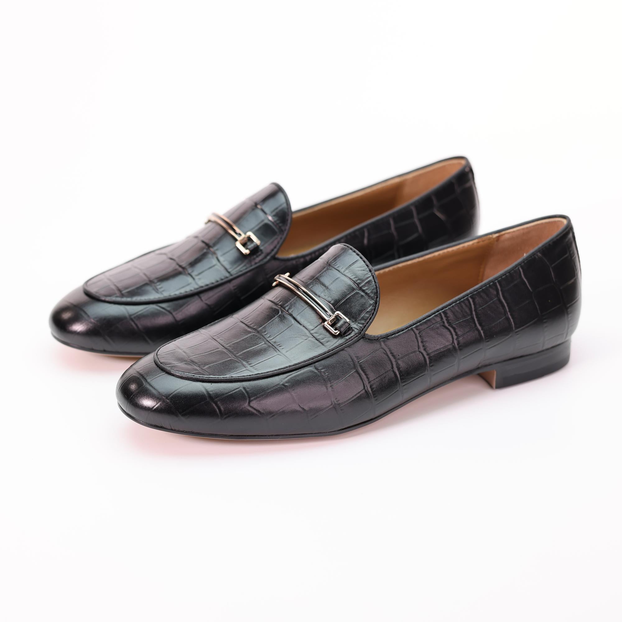 AiciBerllucci-Prime-Black Crocodile Embossed Leather  Women's Loafers & Slip-Ons Comfortable Wide Loafers for Women Casual Women's Flats Driving Shoes